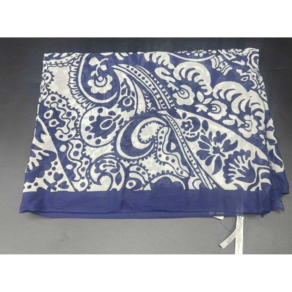 Talbots Navy Blue White Paisley Modal Eyelash Fringe Scarf 70